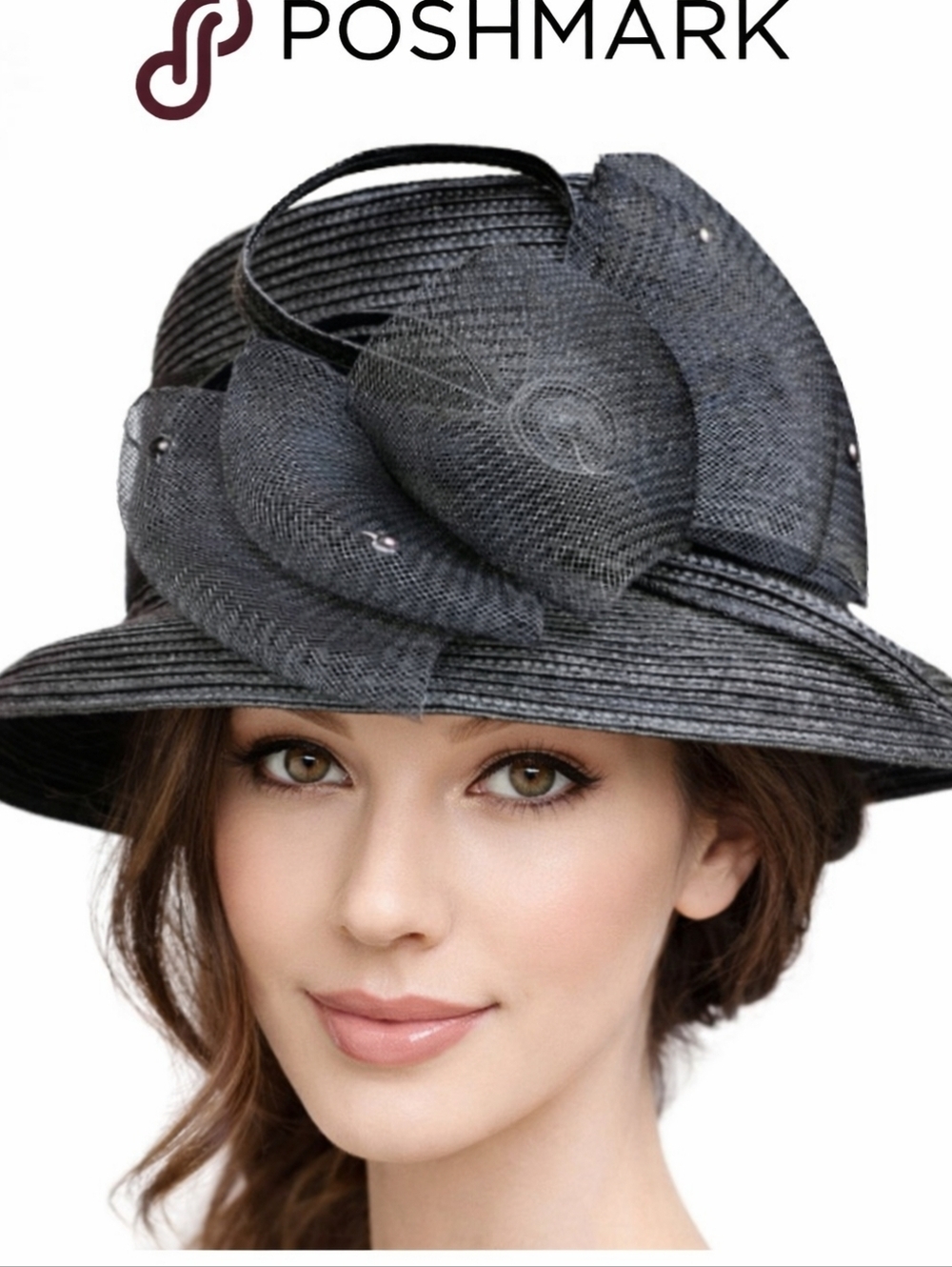 Black Floral Derby Hat Wide Brim Church Tea Party Wedding Fascinator Vintage Sty